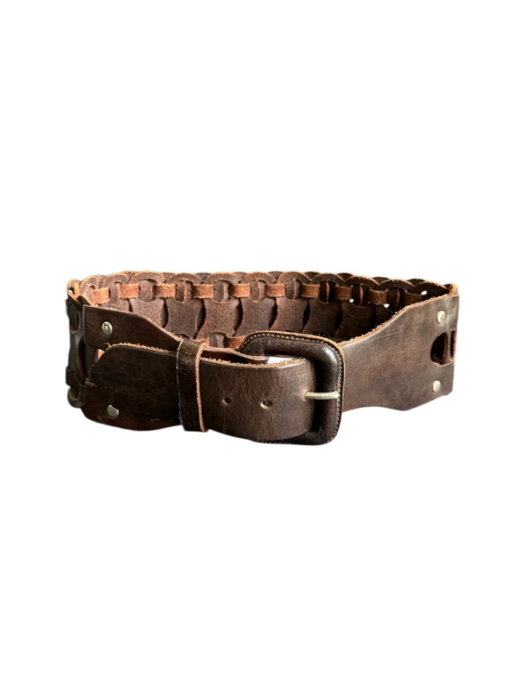 Vintage Woven Leather Belt Waist Statement Wide Brown Womens Small / Medium‎